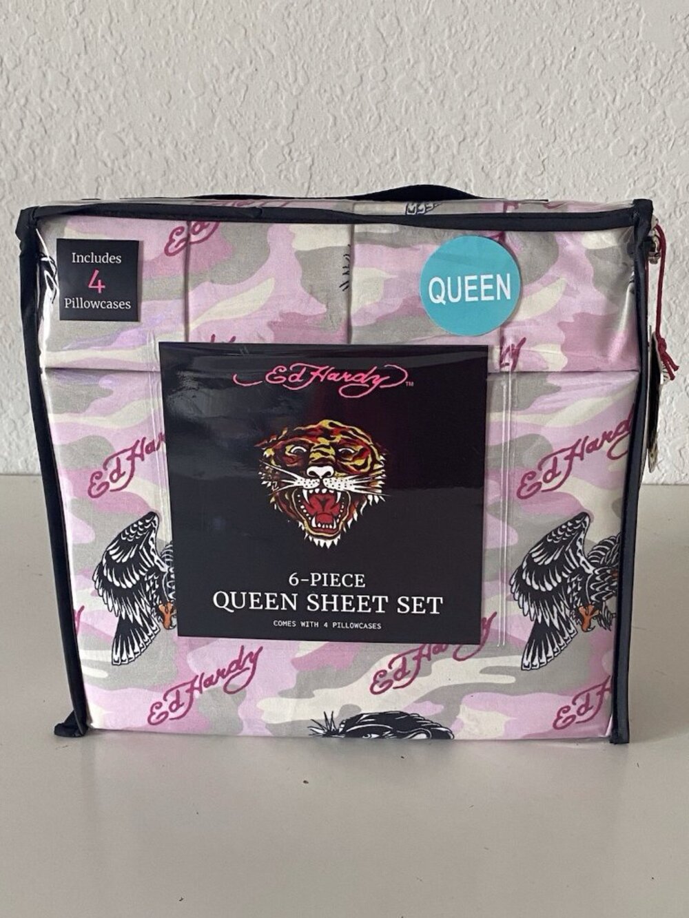 6 Piece Ed Hardy QUEEN Size Sheet Set Pink Grey Camo Eagle Tiger Logo NEW